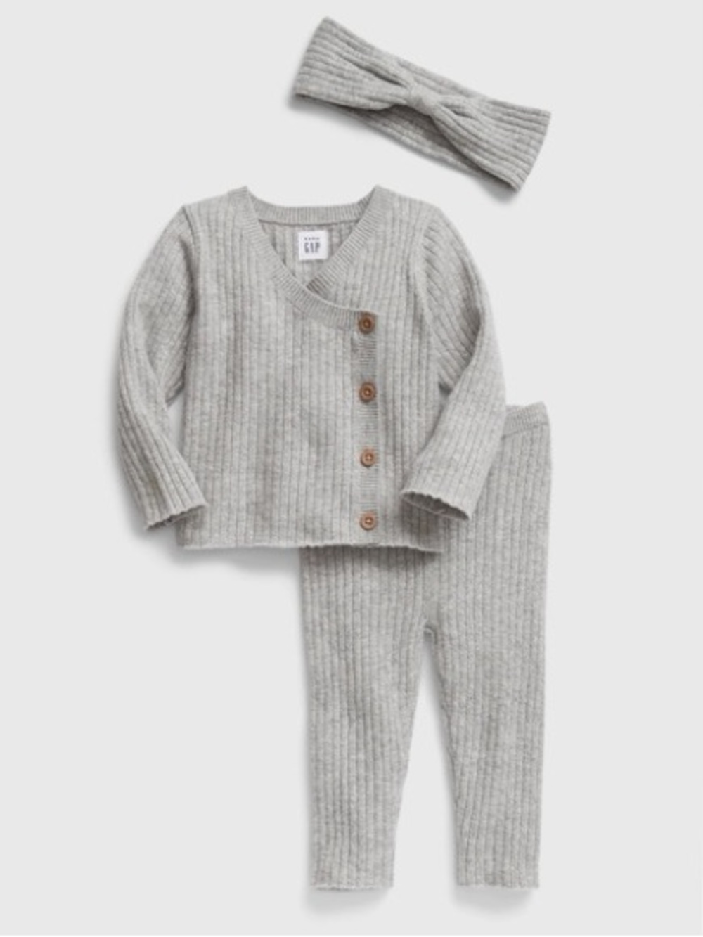 GAP Baby Gray Ribbed Knit Baby Cardigan Set with Headband
